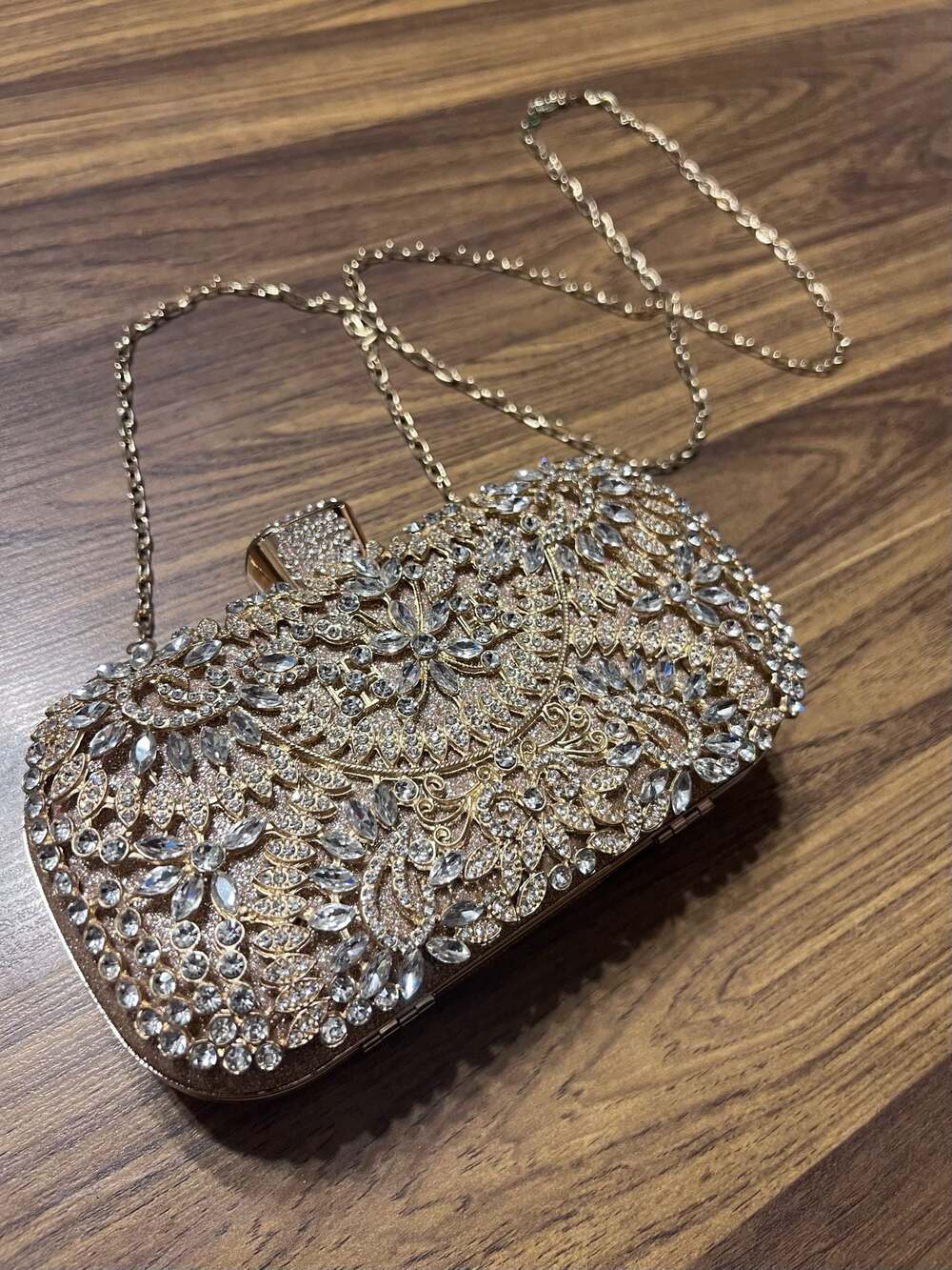 Gold Rhinestone Floral Embellished Hard-Shell Evening Clutch Bag with Chain Stra